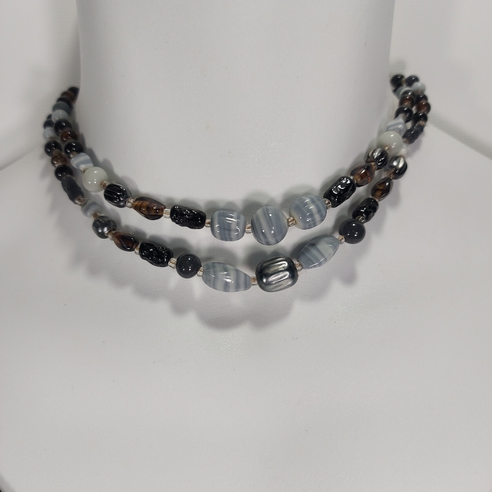 Vintage Double Strand Agate stone Obsidian Quartz